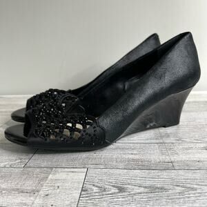 Alex Marie Wedge Heels‎ 9.5M Black Patent Leather Rhinestones Peep Toe Fabric
